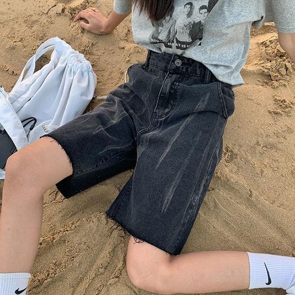 women's shorts tie dyed denim summer high street straight loose black waist wide leg capris, White;black
women's shorts tie dyed denim summer high street straight loose black waist wide leg capris, White;black