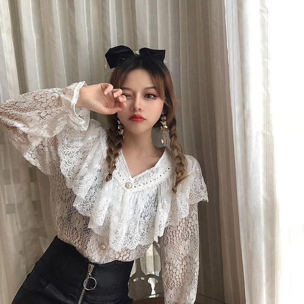 women's blouses & shirts lace hollow out autumn sweet style ruffles v-neck korean clothes blusas mujer de moda clothing, White
women's blouses & shirts lace hollow out autumn sweet style ruffles v-neck korean clothes blusas mujer de moda clothing, White