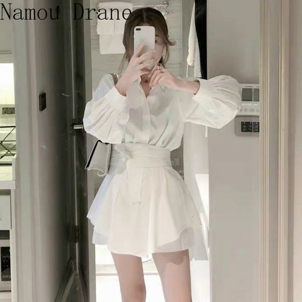 women's blouses & shirts korean beach style suits long sleeve ol sashes lacing bow + shorts 2 piece set outfits 0236, White 
women's blouses & shirts korean beach style suits long sleeve ol sashes lacing bow + shorts 2 piece set outfits 0236, White