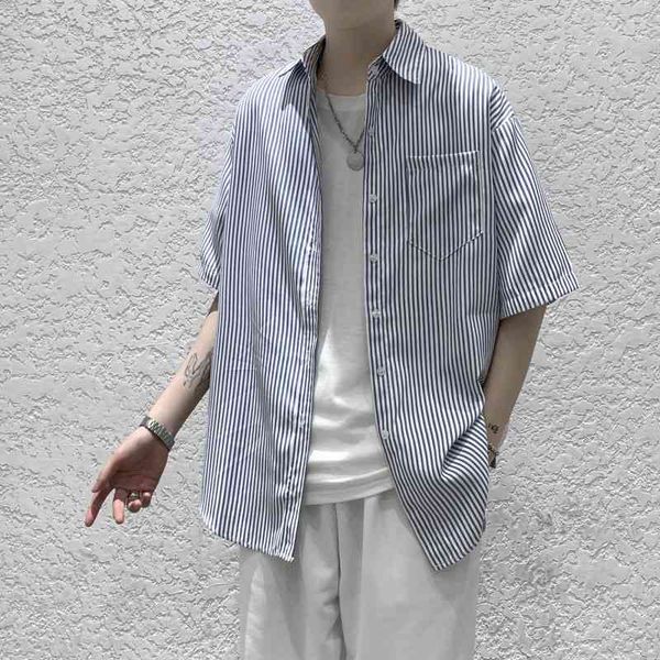 men's casual shirts summer short-sleeved fashion men streetwear korean loose dress mens striped s-xl p82h, White;black
men's casual shirts summer short-sleeved fashion men streetwear korean loose dress mens striped s-xl p82h, White;black
