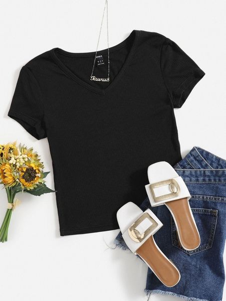 v neck rib knit solid tee w2zn#, White
