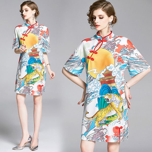 female summer vintage size printed in short sleeve mandarin collar straight at knee height dressed party dress 2hfc, Black;gray
female summer vintage size printed in short sleeve mandarin collar straight at knee height dressed party dress 2hfc, Black;gray