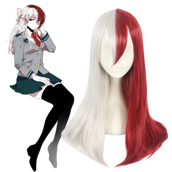 hero college spotlight cosplay wig long straight female version 26inch red and white style cos wig double spell, Black 
hero college spotlight cosplay wig long straight female version 26inch red and white style cos wig double spell, Black