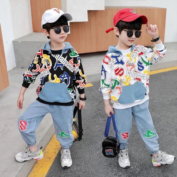 childrens denim sets spring boy korean version of the hooded letter printed sweater trousers kids two piece trend bt135, White
childrens denim sets spring boy korean version of the hooded letter printed sweater trousers kids two piece trend bt135, White