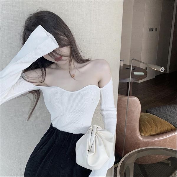 party jumper club knitted sweater slim sweater off shoulder collar black white female long sleeve autumn high stretch 2021, White;black
party jumper club knitted sweater slim sweater off shoulder collar black white female long sleeve autumn high stretch 2021, White;black