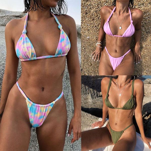 women's swimwear swimsuit with split and gradual change printing hanging neck rope buckle bikini, White;black
women's swimwear swimsuit with split and gradual change printing hanging neck rope buckle bikini, White;black