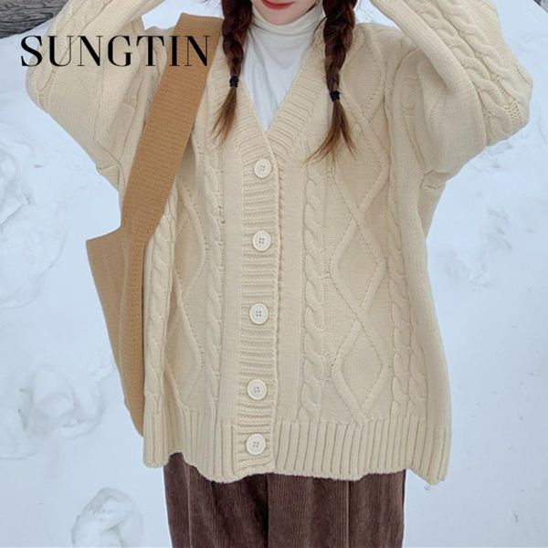 women's knits & tees sungtin vintage twist knitted cardigan women korean causal sweet cute coat female long sleeve loose femme 2021, White 
women's knits & tees sungtin vintage twist knitted cardigan women korean causal sweet cute coat female long sleeve loose femme 2021, White