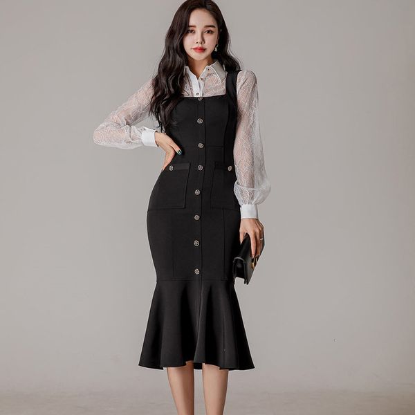 new arrival fashion women korean spring ol temperament chiffon lace perspective shirt and strap mermaid dress two piece set 79yp, Black
new arrival fashion women korean spring ol temperament chiffon lace perspective shirt and strap mermaid dress two piece set 79yp, Black
