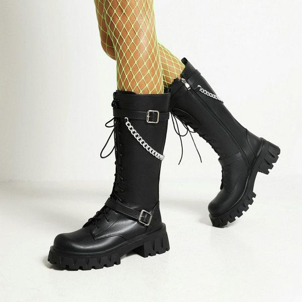 boots ladies belt buckle motorcycle autumn winter fashion knee high female metal chain knight platform women's shoes, Black
boots ladies belt buckle motorcycle autumn winter fashion knee high female metal chain knight platform women's shoes, Black