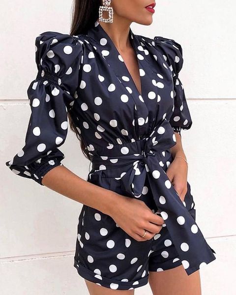 women puffed sleeve dot print knotted rompers ladies casual summer autumn playsuits, Black;white
women puffed sleeve dot print knotted rompers ladies casual summer autumn playsuits, Black;white