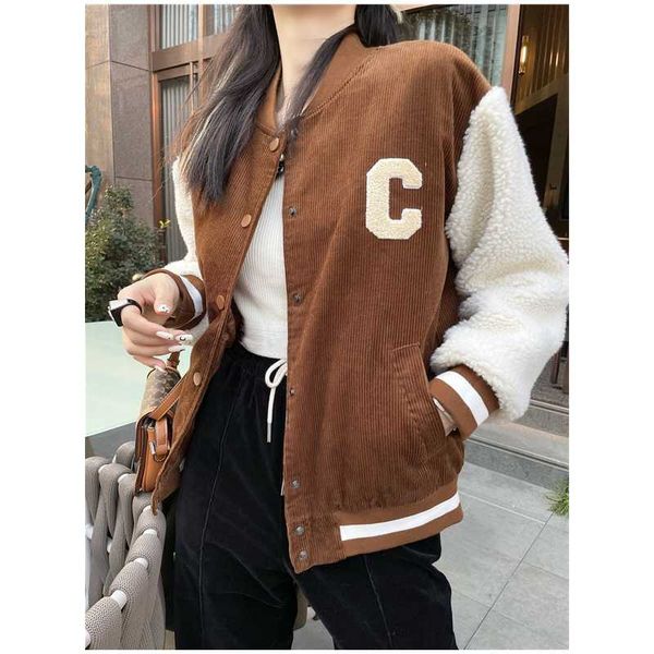 women's jackets 2021 autumn winter terry embroidery letter corduroy splicing lamb wool cotton padded thickened warm baseball jacket, Black;brown
women's jackets 2021 autumn winter terry embroidery letter corduroy splicing lamb wool cotton padded thickened warm baseball jacket, Black;brown