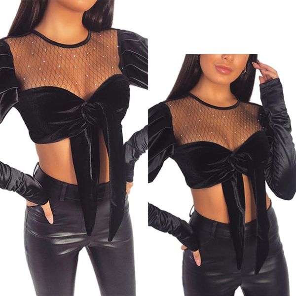 women's t-shirt women mesh puff long sleeve perspective shirt pure color stitching show navel back bare breast lace-up slim top, White
women's t-shirt women mesh puff long sleeve perspective shirt pure color stitching show navel back bare breast lace-up slim top, White
