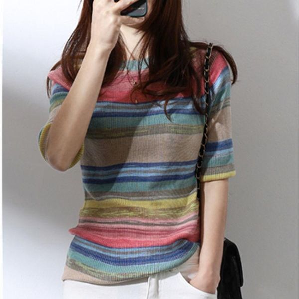 women's t-shirt 100% cotton rainbow stripe short sleeve female 2021 summer style foreign slim elastic, White
women's t-shirt 100% cotton rainbow stripe short sleeve female 2021 summer style foreign slim elastic, White