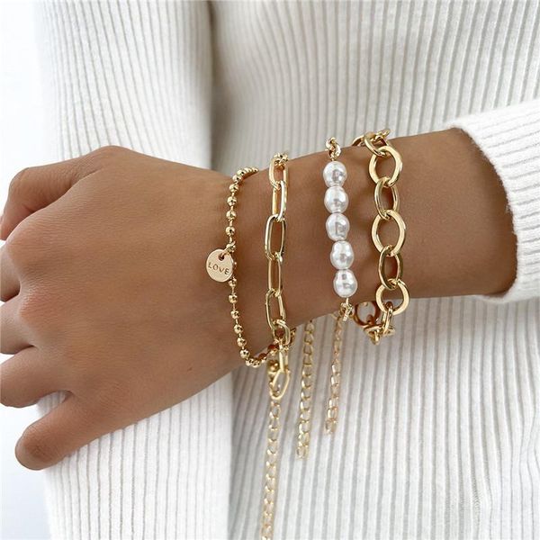 link, chain 4pcs/set fashion letter love pearl bead charming bracelet set for women girl metal geometric layered bangles, Black
link, chain 4pcs/set fashion letter love pearl bead charming bracelet set for women girl metal geometric layered bangles, Black