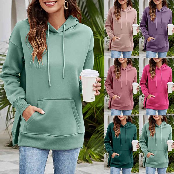 2021 autumn winter new split front short back long hooded fleece women's sweater, Blue;black
2021 autumn winter new split front short back long hooded fleece women's sweater, Blue;black