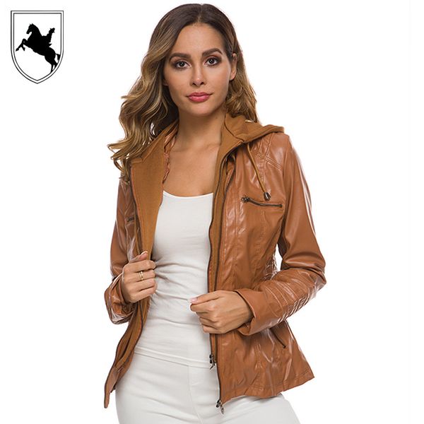 women's black leather jacket trim hooded jacket fashion biker jacket