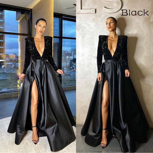 black a-line sequined formal evening dress v neck long sleeve floor length with side slit formal prom gown 2022 simple robe de soiree, Black;red
black a-line sequined formal evening dress v neck long sleeve floor length with side slit formal prom gown 2022 simple robe de soiree, Black;red