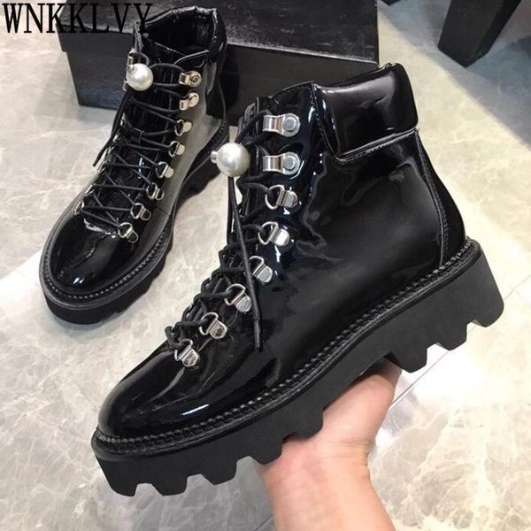 boots runway thick sole pearl women real leather metal button lace up ankle botas flat platform motorcycle short, Black
boots runway thick sole pearl women real leather metal button lace up ankle botas flat platform motorcycle short, Black
