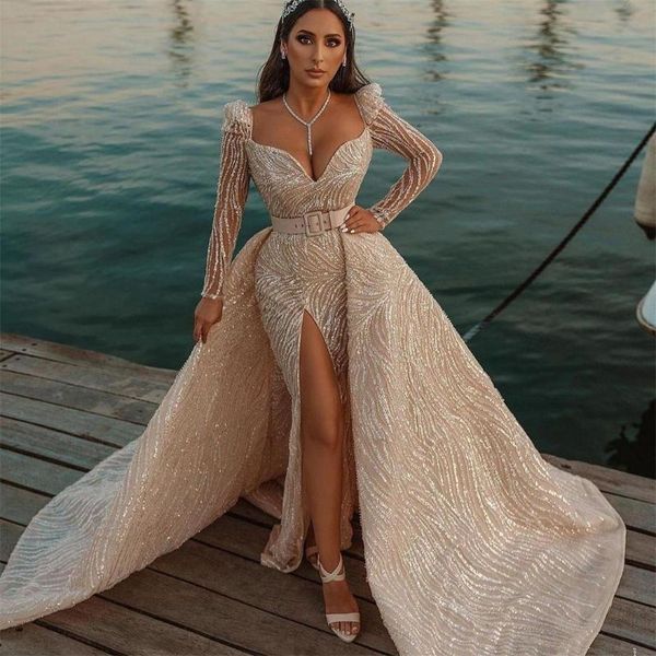 other wedding dresses champagne mermaid dress 2022 fashion long sleeves lace sequined bridal gowns with detahable train vestidos de novia, White
other wedding dresses champagne mermaid dress 2022 fashion long sleeves lace sequined bridal gowns with detahable train vestidos de novia, White