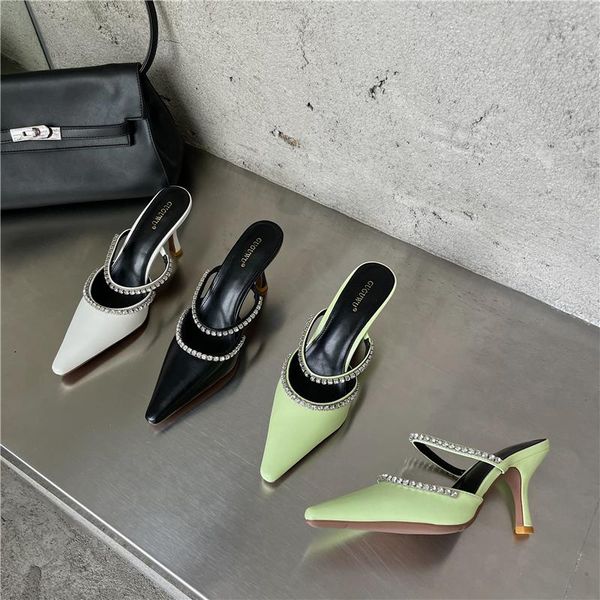slippers high heels women rhinestone shallow slip on mules thin heeled solid color black/white/green summer casual
slippers high heels women rhinestone shallow slip on mules thin heeled solid color black/white/green summer casual