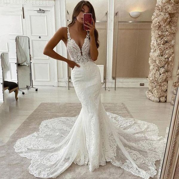 spaghetti lace mermaid wedding dresses with appliques deep v neck court train backless country plus size bridal gowns, White
spaghetti lace mermaid wedding dresses with appliques deep v neck court train backless country plus size bridal gowns, White