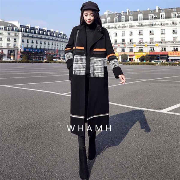 2019 new women's autumn winter plus size long woolen coat female stitching hit color over knee woolen fashion chinese style, Black
2019 new women's autumn winter plus size long woolen coat female stitching hit color over knee woolen fashion chinese style, Black