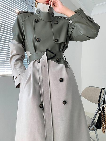 women's trench coats bouble-breasted hit color stitching belt waist long overcoat for women windproof pu leather coat spring autumn 202, Tan;black 
women's trench coats bouble-breasted hit color stitching belt waist long overcoat for women windproof pu leather coat spring autumn 202, Tan;black