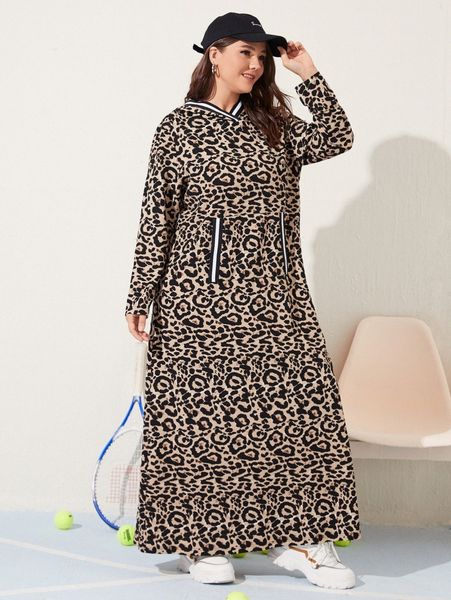 plus leopard contrast tape hooded sweatshirt dress u0a9#, Black