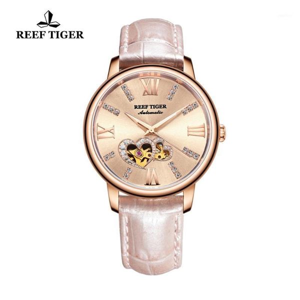 wristwatches 2021 reef tiger/rt women watches leather strap diamond rose gold automatic rga1580, Slivery;brown