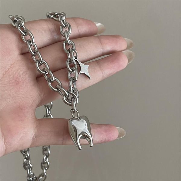 pendant necklaces ins hip-hop stainless steel tooth necklace vintage clavicle chain for women girls fashion jewelry, Silver 
pendant necklaces ins hip-hop stainless steel tooth necklace vintage clavicle chain for women girls fashion jewelry, Silver