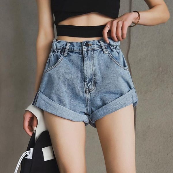 women's shorts laamei 2021 vintage high waist crimping denim blue women korean style casual jeans summer short pants, White;black
women's shorts laamei 2021 vintage high waist crimping denim blue women korean style casual jeans summer short pants, White;black