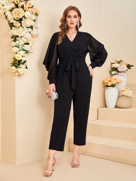 plus sheer plaid mesh lantern sleeve surplice neck belted jumpsuit t4dy#, Black
plus sheer plaid mesh lantern sleeve surplice neck belted jumpsuit t4dy#, Black