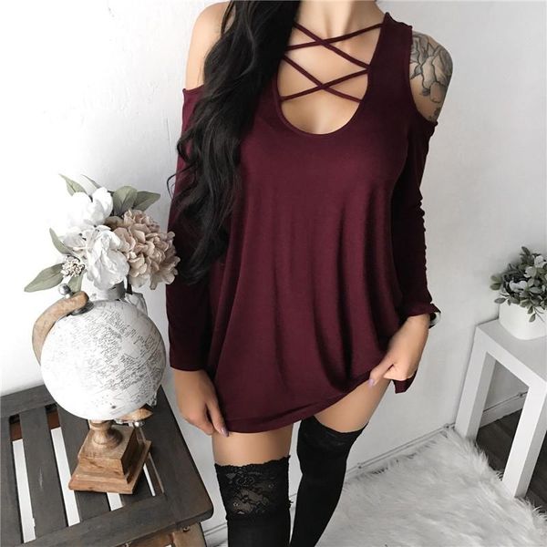 women's t-shirt women long sleeve cut out off shoulder v-neck criss-cross loose causal cotton solid outwear, White
women's t-shirt women long sleeve cut out off shoulder v-neck criss-cross loose causal cotton solid outwear, White