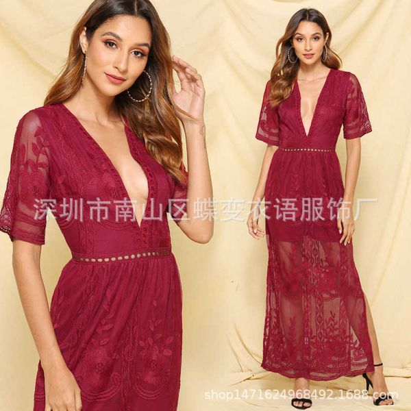 2021 summer deep v split vacation embroidered lace hollow out drs, Black;gray