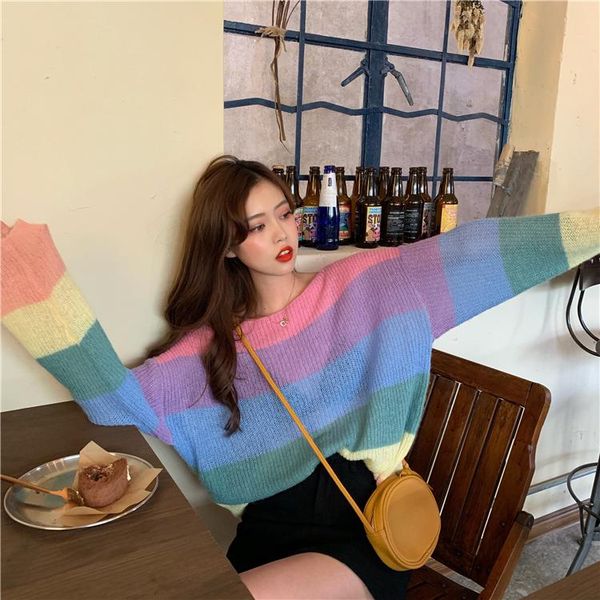women's sweaters sweet korean style clothing fashion brand pullovers long sleeve loose rainbow striped casual knitted, White;black
women's sweaters sweet korean style clothing fashion brand pullovers long sleeve loose rainbow striped casual knitted, White;black