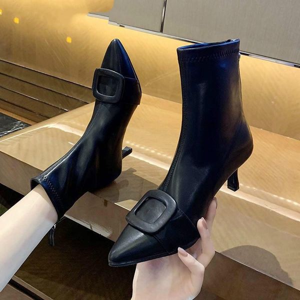 boots autumn winter heel women pointed toe metal buckle decor shoes ankle elastic stretch short booties, Black
boots autumn winter heel women pointed toe metal buckle decor shoes ankle elastic stretch short booties, Black
