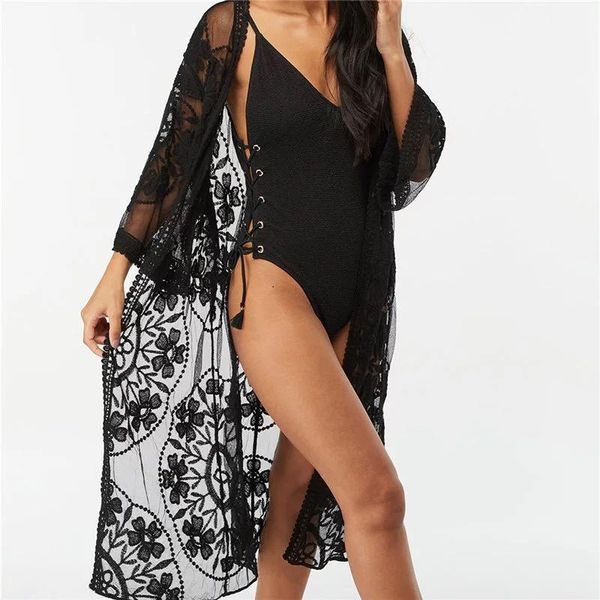 women's swimwear lace beach pareo beachwear swim suit cover up playa tunics for kimono women dress, White;black
women's swimwear lace beach pareo beachwear swim suit cover up playa tunics for kimono women dress, White;black