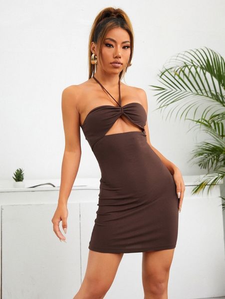 cutout ruched bust rib-knit halter dress n7xz#, Black;gray
cutout ruched bust rib-knit halter dress n7xz#, Black;gray