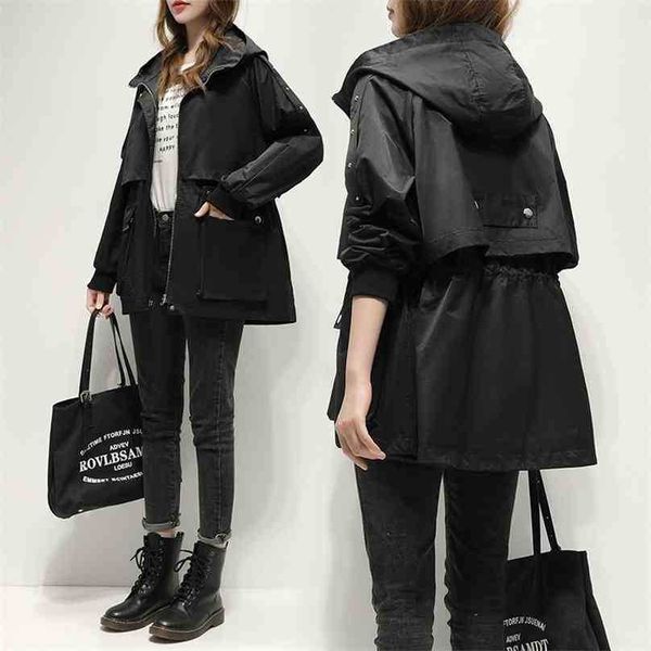 spring autumn korean trench coat women hooded loose a line long coats woman streetwear casual plus size windbreaker outwear 210525, Tan;black