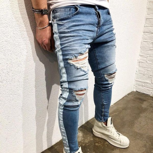 men's jeans ripped hole slim men hip hop skinny frayed biker scratchted for stretch ankle zipper, Blue
men's jeans ripped hole slim men hip hop skinny frayed biker scratchted for stretch ankle zipper, Blue