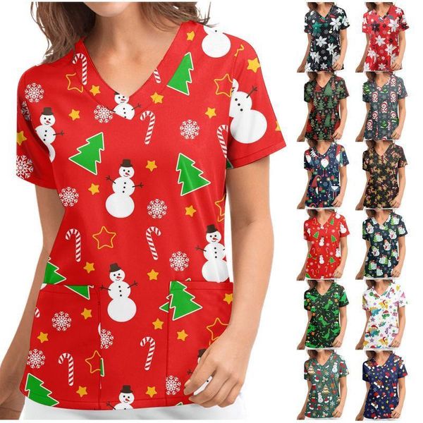 women's t-shirt nursing uniform t-shirts christmas cosplay costume women short sleeve v-neck snowman pattern salon workwear, White
women's t-shirt nursing uniform t-shirts christmas cosplay costume women short sleeve v-neck snowman pattern salon workwear, White
