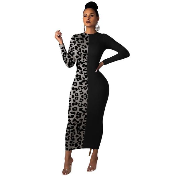 casual dresses 2021 fashion ladies elegant leopard print long sleeve maxi dress women patchwork o collar party, Black;gray 
casual dresses 2021 fashion ladies elegant leopard print long sleeve maxi dress women patchwork o collar party, Black;gray