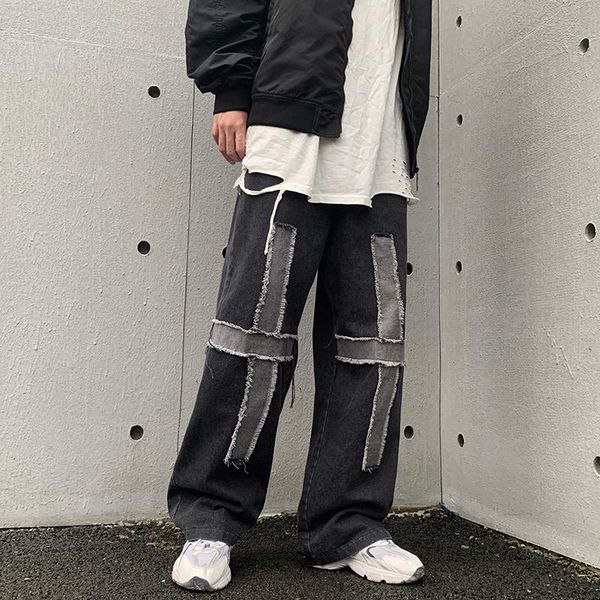 men's jeans high street harajuku cross frayed washed retro pants men and women elastic waist wide len casual denim trousers oversize, Blue
men's jeans high street harajuku cross frayed washed retro pants men and women elastic waist wide len casual denim trousers oversize, Blue