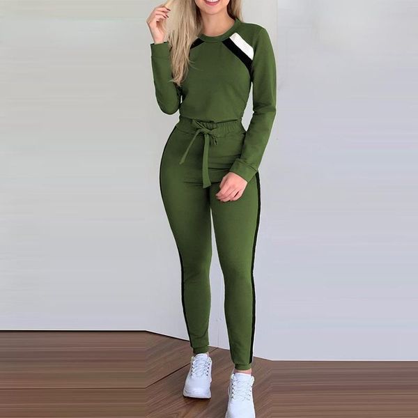 women's two piece pants 2021 casual stitching bib long-sleeved sports tape thin suit, White 
women's two piece pants 2021 casual stitching bib long-sleeved sports tape thin suit, White