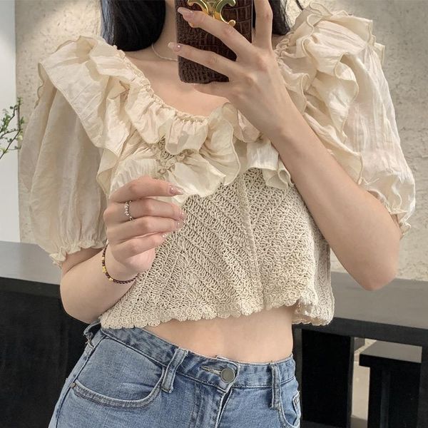 women's blouses & shirts france style elegant ruffles v-neck short puff sleeve knitted beige white lace shirt blouse women crop 2021 s
women's blouses & shirts france style elegant ruffles v-neck short puff sleeve knitted beige white lace shirt blouse women crop 2021 s