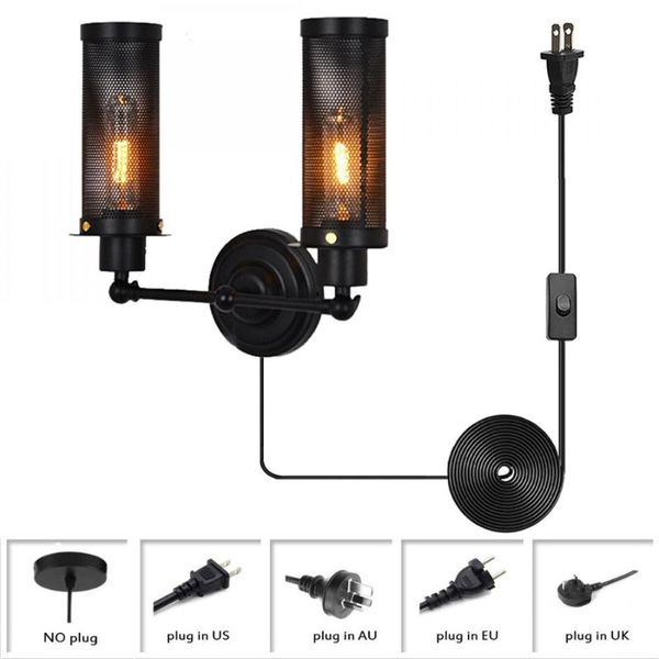 wall lamp industrial plug in light fixture wire net vintage wall  sconce two head cylindrical black wall lamp  adjustable 180 degree
wall lamp industrial plug in light fixture wire net vintage wall  sconce two head cylindrical black wall lamp  adjustable 180 degree
