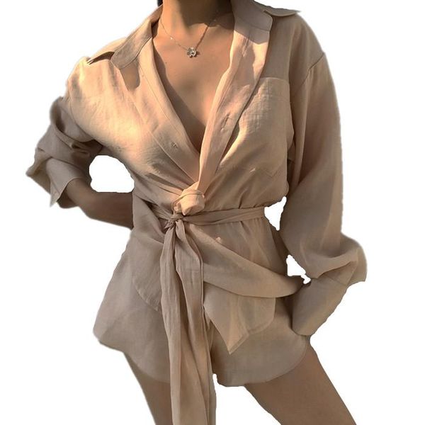 women's tracksuits 2021 brand sashes belted long shirt+ shorts 2 pieces set v-neck loose casual summer streetwear chemise camisa, Gray
women's tracksuits 2021 brand sashes belted long shirt+ shorts 2 pieces set v-neck loose casual summer streetwear chemise camisa, Gray