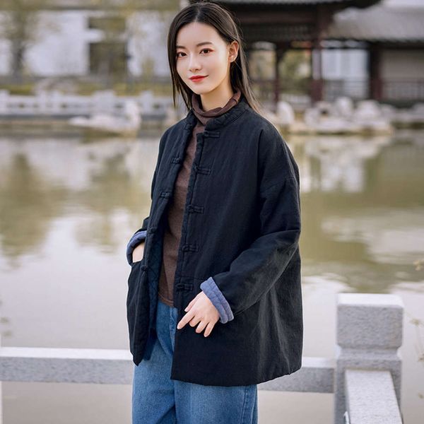winter cotton and linen women's stand collar coil buckle clip short warm, Black
winter cotton and linen women's stand collar coil buckle clip short warm, Black