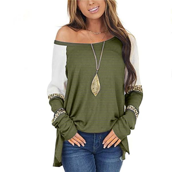 women's t-shirt women casual scoop neck long sleeve leopard patchwork t shirt round autumn pullover for two tone ladies tee streetwear, White 
women's t-shirt women casual scoop neck long sleeve leopard patchwork t shirt round autumn pullover for two tone ladies tee streetwear, White