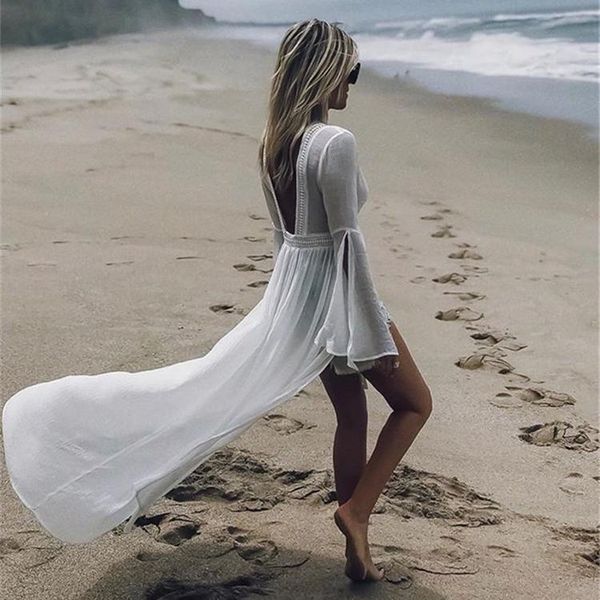 2021 deep v-neck backless beach dress women fashion long tail flare sleeve tunic bikini cover up beachwear robe swim suit, White;black
2021 deep v-neck backless beach dress women fashion long tail flare sleeve tunic bikini cover up beachwear robe swim suit, White;black